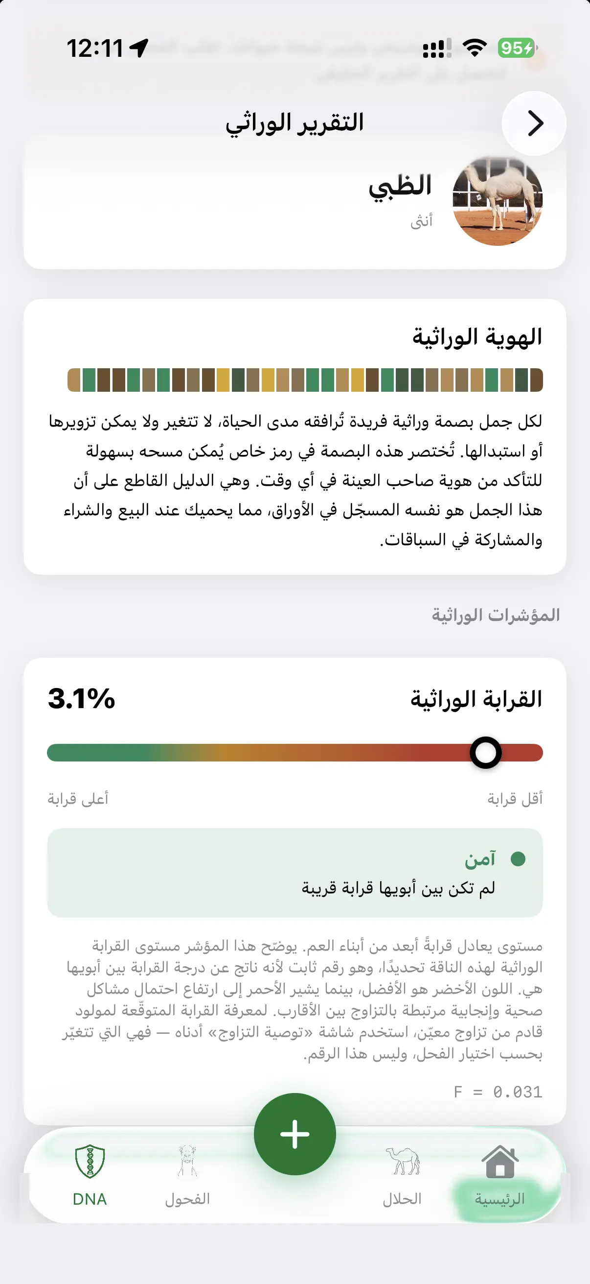 A camel's genetic report in the Madani app: genetic identity and inbreeding coefficient